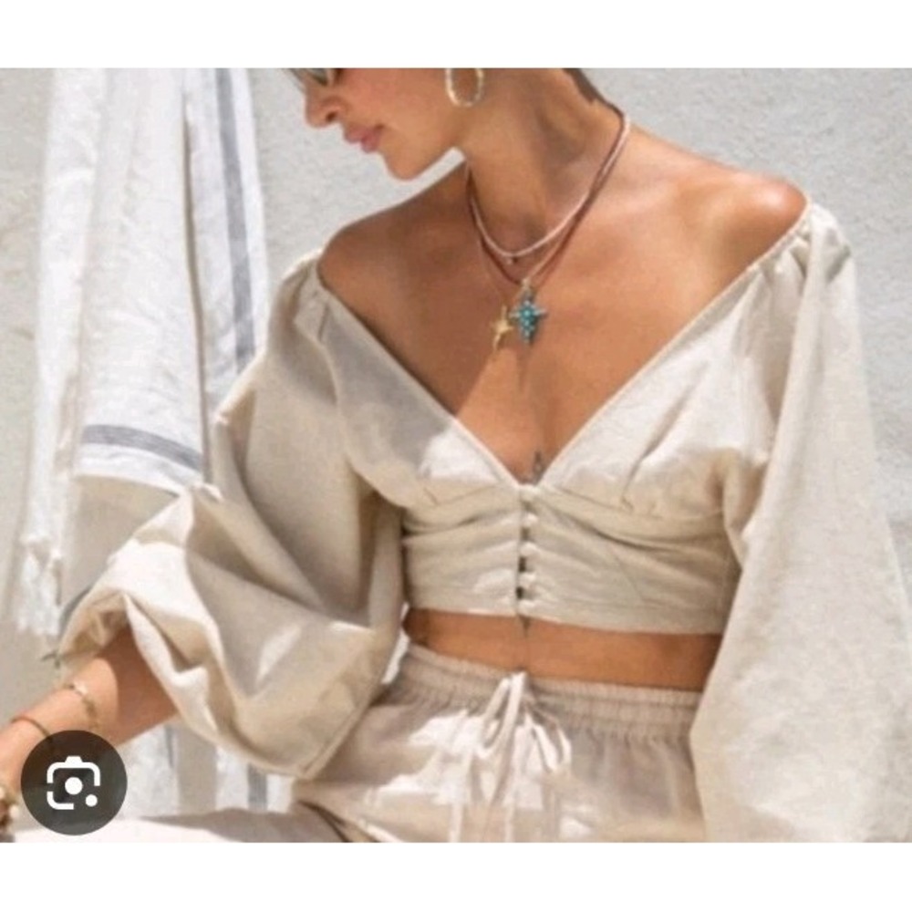VRG GRL Linen Blend‎ Balloon Sleeve Deep V Crop Milkmaid Fairycore Ivory Sz 8 - Picture 3 of 13
